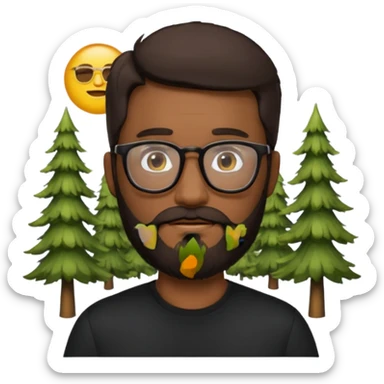 create a emoji man with beard black and dark brown hair , and glasses wooded color, sunkissed skin color, with a IA simbol and black shirt sticker