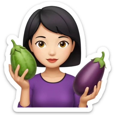 Vietnamese lady with short hair holding eggplant sticker