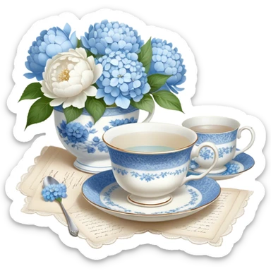 A serene still life of a vintage porcelain teacup with delicate blue floral patterns, resting on a lace tablecloth, accompanied by a handwritten love letter tied with a pearl ribbon and surrounded by white peonies and pale blue hydrangeas. sticker