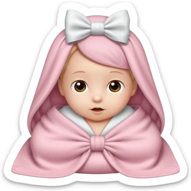 Baby in a very light pink blanket with a white bow on it sticker