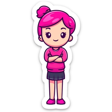 Shy girl character with arms crossed, transparent glass style, bright pink gradient, soft shadows and highlights, minimalist cute design sticker