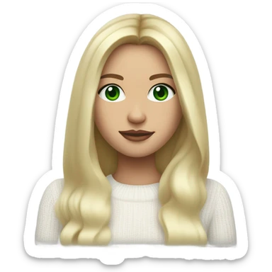 solo blonde girl with green eyes, smooth skin, white sweater, long blow out hair, baddie, middle part sticker