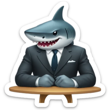 A shark sitting on a table wearing a suit looking straight sticker