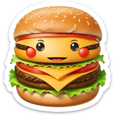 Create an image of a burger face with eyes and mouth pooping up in blue background sticker