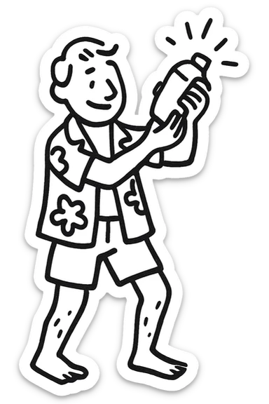human male Unbuttoned Hawaiian shirt, swim trunks, shaking a cocktail shaker (sparks flying) sticker