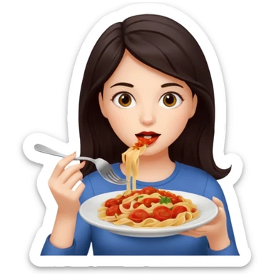 chica joven piel clara y pelo oscuro comiendo un plato de pasta sticker