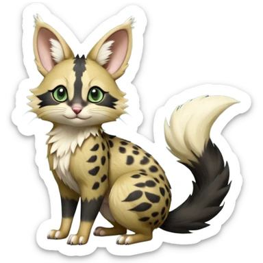 Dark-Green, black-pointed, soft natural realistic romantic vintage antique divine beautiful elegant pretty precious cute young youthful  Fakémon-Pokémon-opossum-feline-serval-caracal-chinchilla-Minccino-Cinccino-Meowstic-rodent-hybrid-creature with a big fluffy bushy tail (full body) sticker