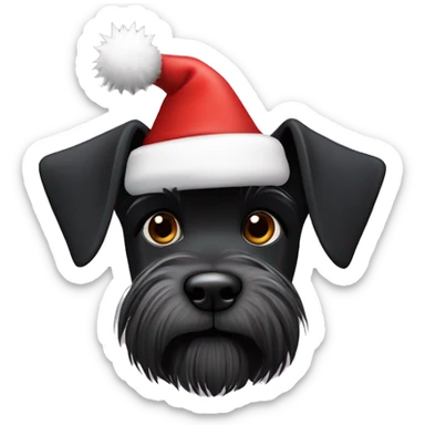 Black miniature schnauzer with spiky hair wearing a Santa hat sticker