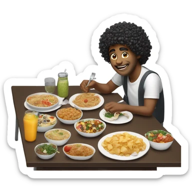 man with curly hair eating a lot of food sticker