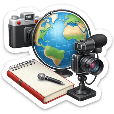 An icon showing a microphone, a notepad, and a camera, symbolizing journalism. The design includes a globe in the background, representing global news, and a breaking news banner for emphasis. Transparent background highlights the dynamic world of media and reporting. sticker