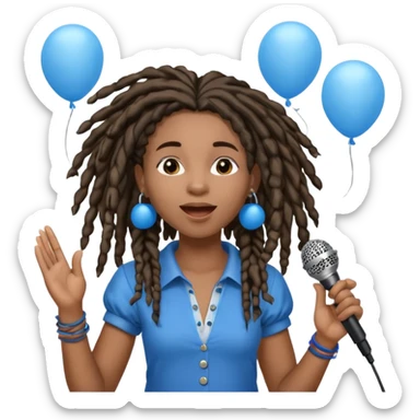 Black girl Stud with dreadlocks singing 1,2,3 release em with white and blue balloons flying overhead emoji like with mic in hand  sticker