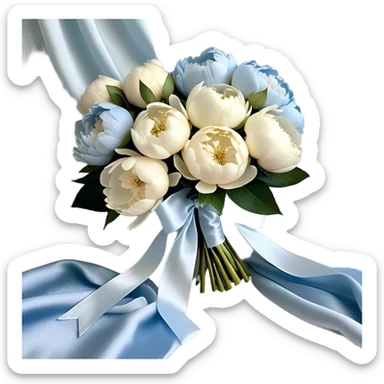 A lush bouquet of full-bloom white and pale blue peonies rests gently atop a flowing powder blue silk cloth. The petals, kissed with a subtle pearl sheen, seem to glow under the soft morning light. A delicate ivory ribbon, loosely tied in an effortless bow, drapes over the bouquet, its edges curling with natural grace. The silk background shimmers with movement, enhancing the dreamy elegance of the composition.
 sticker