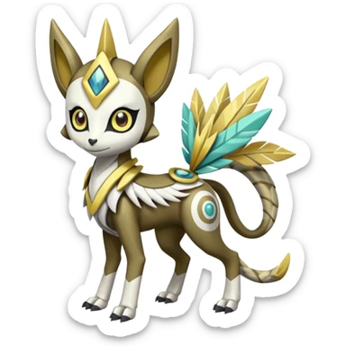 Arrow-patterned chevron-marked Cute Big-eyed anime-styled Colorful Shiny Tribal Skeletal masked armored Meloetta-Silvally-Solgaleo-Raikou-Pokémon-Digimon-Fakémon-fusion-hybrid-creature, full body sticker