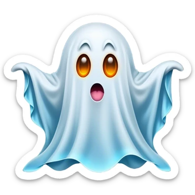 A hilariously exaggerated floating sheet ghost, its simple yet expressive form billowing with animated energy in vibrant whites and pale blues, with two wide, comically shocked eyes and a quirky, startled mouth, simplified yet overflowing with personality, highly detailed with a soft neon-like glowing outline, capturing the playful absurdity of a ghost caught off guard! sticker