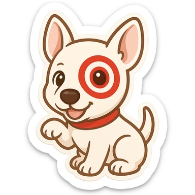 cute cartoon of Target store bullseye dog, playful pose, big eyes, red collar, white fur, red bullseye on left eye, chibi stickers style sticker