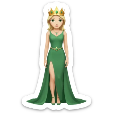 Queen, crown, blonde hair, green eyes, long green tight dress, Leg slit, whole Body, sticker