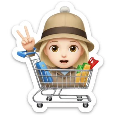 impulsive shopper: tiny face with excited eyes, finger on ‘buy’ button, small fast shopping cart with motion lines sticker