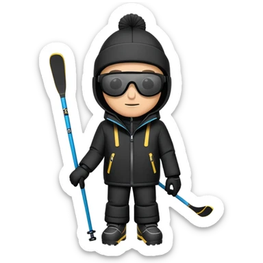 Homme habillé en noir avec une cagoule et des lunettes de ski ,il a une capuche  sticker