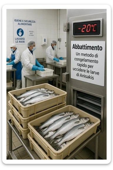 a fish processing facility where freshly caught fish are placed on trays and moved into a large industrial freezer. A temperature gauge shows -20°C, and an educational label explains that rapid freezing (abbattimento) is used to kill Anisakis larvae. The background includes workers in protective clothing and clear signage about food safety. in italiano sticker