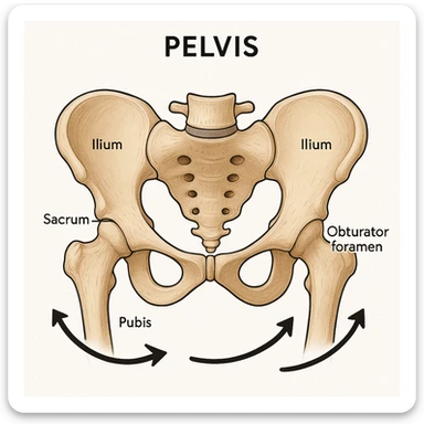 anatomical pelvis, clockwise rotation indicated by rightward arrows, clean and easy to understand, educational medical illustration sticker