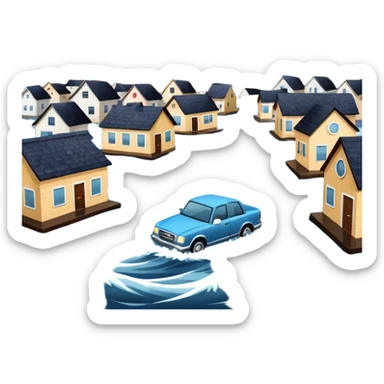 showing a flood disaster scene with strong water waves overflowing streets, partially submerged houses and cars, dark cloudy sky sticker