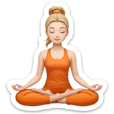 white woman with ponytail hairstyle in lotus position meditation yoga pose, closed eyes with a gentle smile, wearing orange yoga outfit sticker