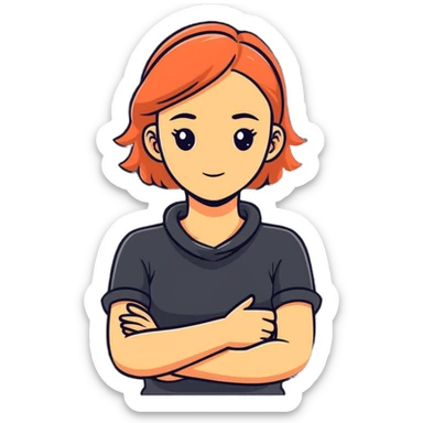 Girl with arms crossed holding neck sticker