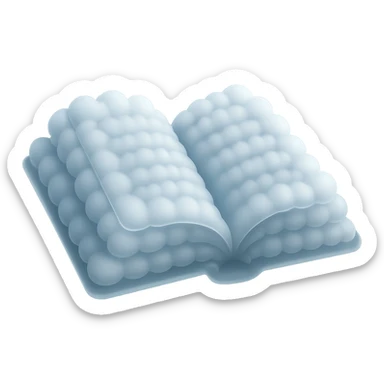thick open book made entirely of small, very bright white fluffy convex clouds, matte glass style sticker