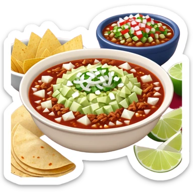 A delicious hot bowl of pozole rojo with the sides next to the bowl: chopped onions, shredded cabbage, lime wedges, red chile de arbol salsa, and full round tostadas sticker