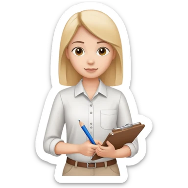 intern or volunteer holding a clipboard and pencil, ready to take notes or assist. The character wears a simple shirt and has an eager posture sticker