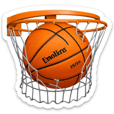 Simple orange basketball with NBA logo caught in basketball net from below perspective, iOS emoji style sticker