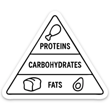 Add a simple and educational food icon to each section of the nutrition triangle: a chicken drumstick for proteins, a loaf of bread for carbohydrates, and an avocado for fats. Keep the style consistent with outlined icons and no background. sticker
