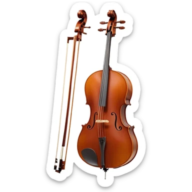 Create an elegant and refined emoji representing a Cremona 4/3F 4/4 cello with bow. The design should feature the distinctive, finely crafted body of the cello, highlighting its rich wooden finish and gracefully curved shape. The bow should be included, with visible horsehair and a polished wooden stick. Add subtle details like tuning pegs and strings to emphasize the precision and craftsmanship of the instrument. Use warm wood tones, deep brown, and soft metallic accents to reflect the high quality of the Cremona cello. The background should be transparent. sticker
