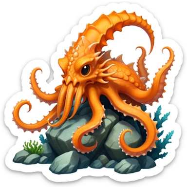 Create a hybrid creature with the agile tentacles and dragon-like features of the orange Dracquid, but with rocky, crystalline growths forming armored segments along its body and a powerful stone jaw like Boulderbite, resulting in a territorial sea guardian that ambushes prey by disguising itself as a coral reef formation before striking with surprising speed. full body sticker