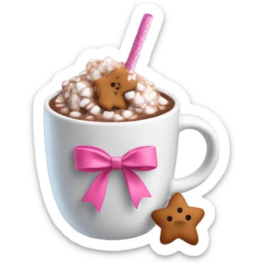 hot coco in a mug with small gingerbreads and a pink straw with a white bow tied around the straw sticker
