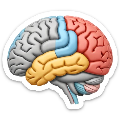 emoji icon of side view of an anatomically correct human brain with details of the brain structure and in detailed 3d rendring, colored to highlight different sections sticker