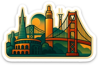 Add iconic San Francisco Bay Area buildings to the retro art deco logo: include the Transamerica Pyramid, Oracle Park stadium, Coit Tower, and Sutro Tower, blending them into the existing skyline in the same retro stickers style, no text, keep the 3.5:1 ratio and vintage color palette, with no background. sticker