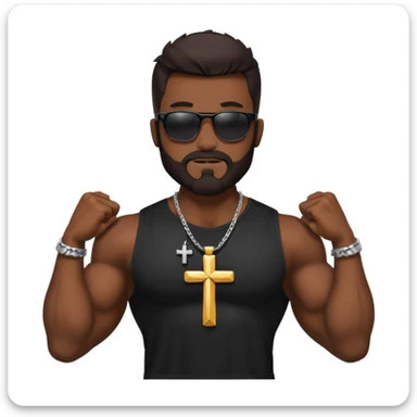 man with dark hair and beard, sunglasses, black t-shirt, and cross necklace, flexing his muscles, outside sticker