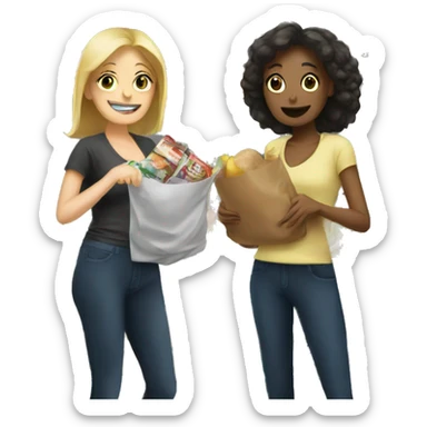 Two white women stocking groceries on a shelf sticker