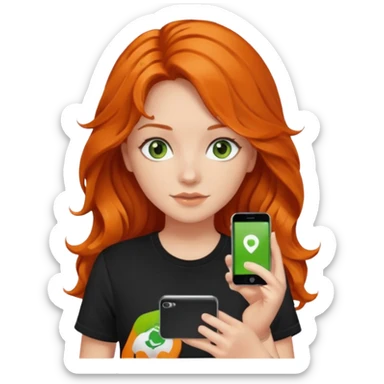Girl with dark long orange wavy hair, green eyes, and black t-shirt and phone with app on hand sticker