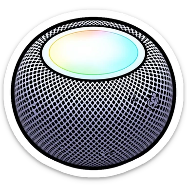 Modern Apple HomePod mini smart speaker, spherical compact design with touch interface on top, minimalist aesthetic sticker