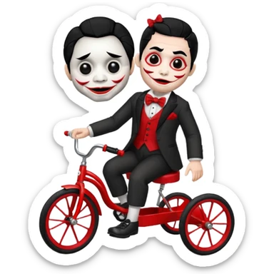 Billy the puppet from Saw riding a red tricycle, emoji style, white face, red spiral cheeks, black hair, red bow tie sticker