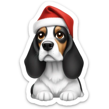 A black and white cocker beagle dog with a Christmas hat sticker