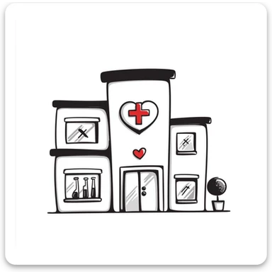 Modern clinic building with glass facade, featuring a red cross sign, test tubes on display, and a subtle heart icon, clean and medical appearance sticker
