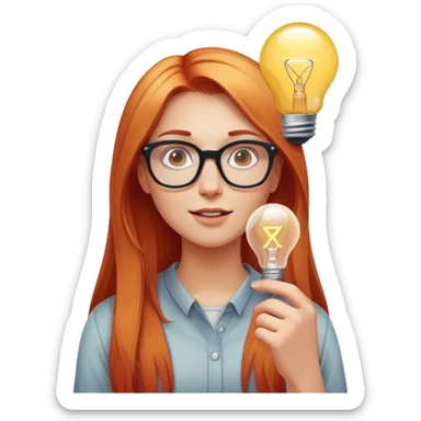 intelligent and clever, 30 year old, girl, long red and almost blond hair, glasses, has an brillant idea, light bulb over the head, casual cloth  sticker
