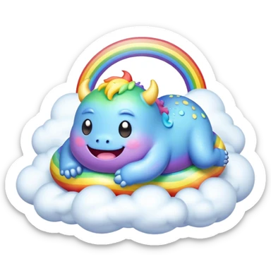 3D, Kawaii derpy fat rainbow monster laying on a magic rainbow cloud, rich textures, visually detailed, so lifelike that it feels like it could leap off the page at any moment sticker
