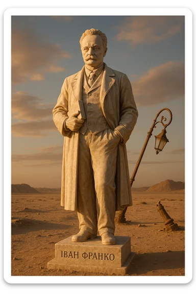 Ultra-realistic marble sculpture based on a reference image, full-length, in a desert setting with a broken lamppost. Pedestal carved with 'Іван Франко'. Sunset lighting, low-angle view. sticker