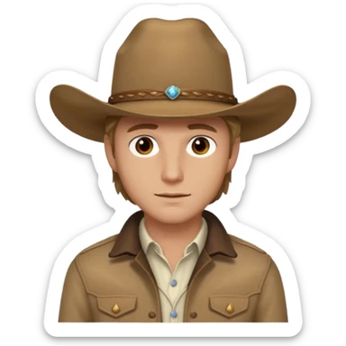 Ennis Del Mar (Male) from Brokeback Mountain with brown eyes, dark blonde hair, ivory shirt, brown jacket and cowboy hat sticker