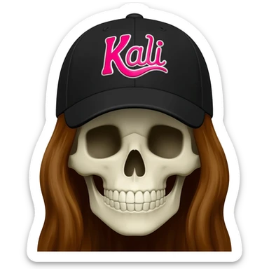 Create a skeleton head wearing a black baseball cap that says "Kali" in pink, and white lettering, with long brown hair sticker