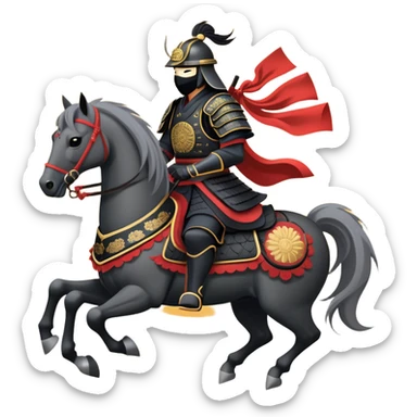 clash-of-clans-aesthetic_-cinematic-fearsome-and-majestic-samurai-bust-portrait-emoji, rendered in a flat, vector-style with minimal shading and bold, simplified shapes typical of emoji art, depicting a battle-hardened samurai with black mask and traditional black Japanese armor. The samurai is riding a noble grey warhorse adorned with an intricately designed saddle and fluttering banners and a rising sun. a samurai on a   horse sticker